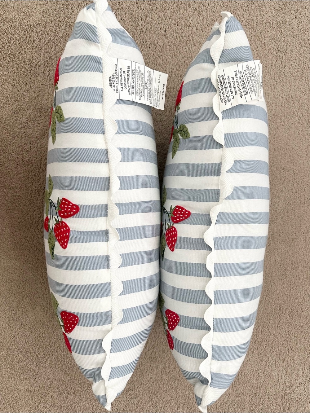 Set of 2 Strawberry Embroidered Blue & White Stripes Indoor/Outdoor Throw Pillow - Picture 7 of 17